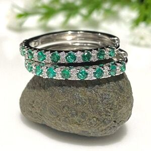 .925 Vintage Sterling Silver Emerald And White Topaz Hoop Earrings